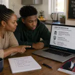 “A South African parent and student reviewing a higher education prospectus together at a kitchen table, with a laptop displaying accreditation information — illustrating how to verify the accreditation of a private higher education institution.”