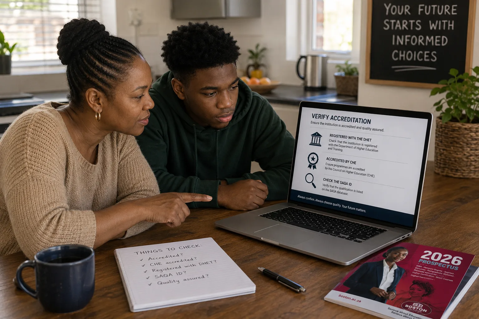 “A South African parent and student reviewing a higher education prospectus together at a kitchen table, with a laptop displaying accreditation information — illustrating how to verify the accreditation of a private higher education institution.”